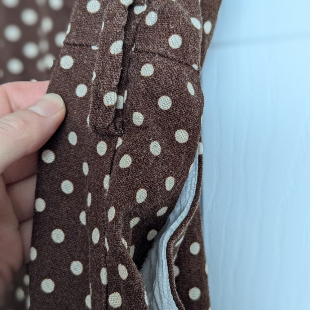 Zara Brown White Button Down Linen Blend Polka Dot Dress Size L Missing Belt - Picture 4 of 11